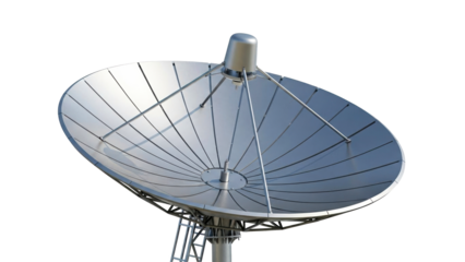 Large metallic gray satellite dish antenna equipment reflecting light and sky providing telecommunication broadcasting and data transmission solutions for modern technology and media