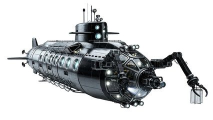 Advanced deep sea exploration submarine with intricate robotic arm and illuminated windows perfect for showcasing underwater research technology and future ocean discovery projects