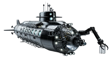 Advanced deep sea exploration submarine with intricate robotic arm and illuminated windows perfect for showcasing underwater research technology and future ocean discovery projects