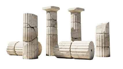 Ancient weathered stone columns and broken architectural ruins symbolizing history and endurance, perfect for historical, archaeological, or constructionrelated projects.