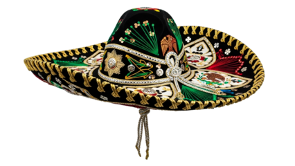 Ornately decorated black sombrero with intricate gold embroidery and vibrant red and green accents for traditional Mexican culture celebrations, festive events, and souvenir promotions