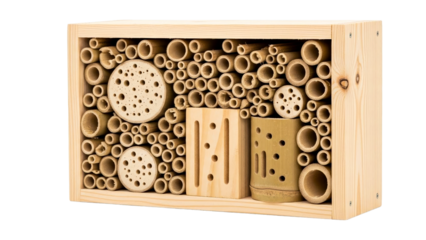 A natural wooden insect hotel and bee house provides an ecological habitat for garden pollinators, perfect for biodiversity conservation and educational environmental projects.