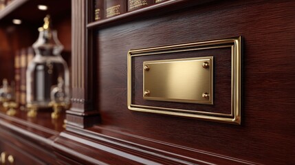 Blank Gold Nameplate on Elegant Dark Wood Bookshelf in Library