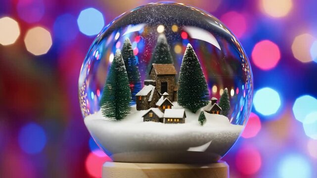 Snow globe featuring a charming winter village with pine trees and snow-covered houses. A festive decoration evoking holiday spirit and nostalgia