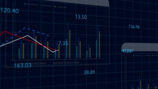 Growing line chart graph - business development competition concept animation. Hi tech charts with grid. Camera movement with depth of field.