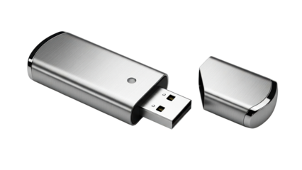 Brushed silver metal USB flash drive with its protective cap removed, symbolizing essential portable data storage and digital information transfer technology for modern electronics.
