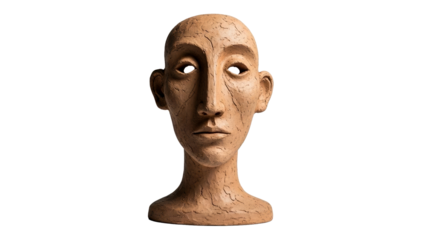 Terracotta human head sculpture with an abstract and minimalist form, featuring rough texture and empty eye sockets, suitable for cultural and historical projects