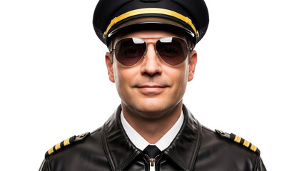 A confident male airline pilot in a sharp black uniform with gold epaulets and aviator sunglasses looks directly forward, representing professionalism and readiness for flight and travel