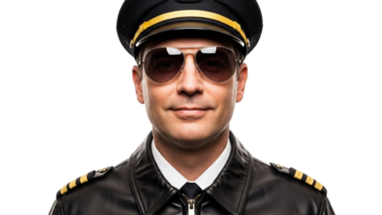 A confident male airline pilot in a sharp black uniform with gold epaulets and aviator sunglasses looks directly forward, representing professionalism and readiness for flight and travel