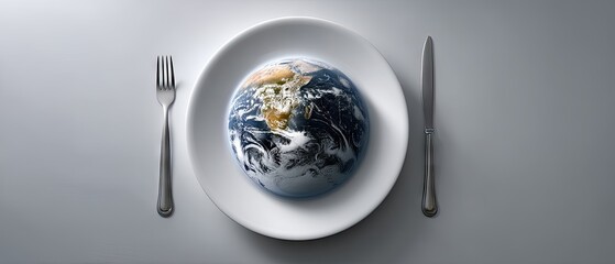 Earth presented on a plate with fork and knife in a flat lay composition on a minimalistic background with copy space