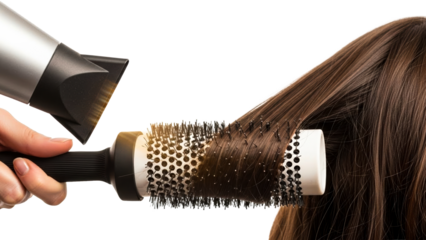 A professional stylist uses a hairdryer and a round brush to blow dry and style long brown hair, illustrating modern hair care routines for beauty product advertising.