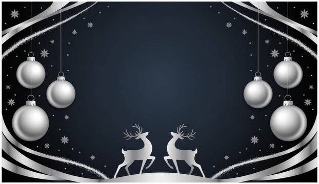 Silver christmas ornaments and reindeer silhouettes on dark blue background - Powered by Adobe