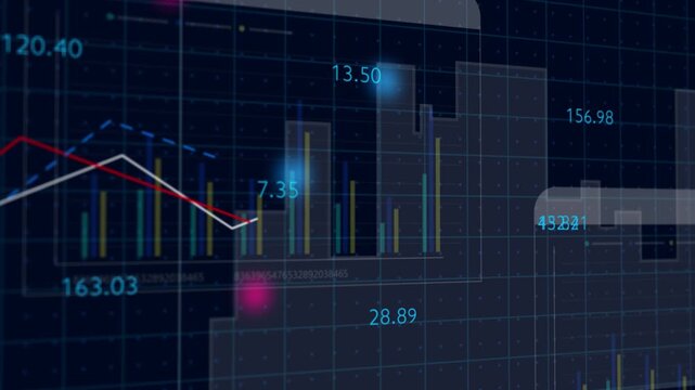 Growing line chart graph - business development competition concept animation. Hi tech charts with grid. Camera movement with depth of field.