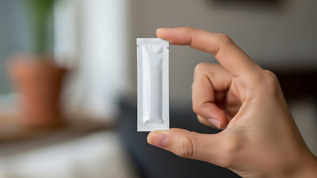 Close-Up of a Person Holding an Empty Condom Wrapper for Safe Intimacy and Sexual Health Awareness