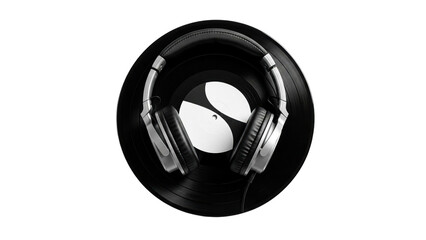 Black vinyl record and modern headphones on a simple background for music industry promotions, audio equipment presentations, or DJ culture themes