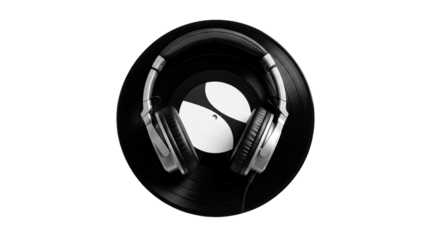 Black vinyl record and modern headphones on a simple background for music industry promotions, audio equipment presentations, or DJ culture themes