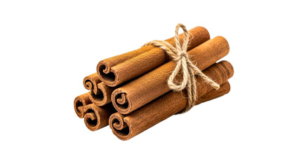 A rustic bundle of fragrant cinnamon sticks tied with natural twine resting on a surface with scattered ground spice perfect for culinary and seasonal food related promotions and recipe