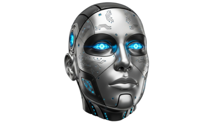 A futuristic robot face featuring intricate circuits and striking blue eyes, embodying advanced artificial intelligence and technological innovation for digital media projects.