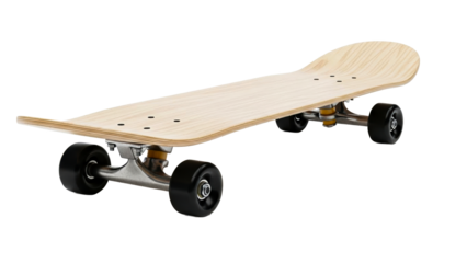 A brand new wooden skateboard with a natural light wood deck, black wheels, and polished silver trucks, perfectly positioned to represent youth culture, extreme sports, outdoor leisure