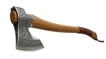 Masterfully crafted Viking style axe displaying detailed Celtic knot designs on its steel blade and a robust wood handle with a leather wrap, suitable for historical collections or creative