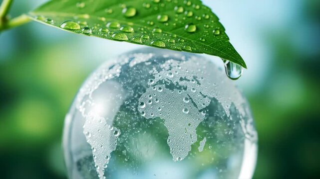 Fresh Green Leaf and Globe with Water Droplets - This video shows a green leaf with water droplets hanging over a glass globe, also covered in droplets.