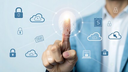 A businessman enabling secure access with a fingerprint scan for cloud computing