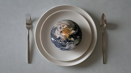 Earth represented as food on a plate with fork and knife for world food day concept