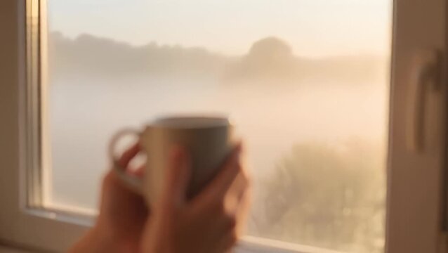 Hands holding coffee mug near window daylight cozy indoor scene