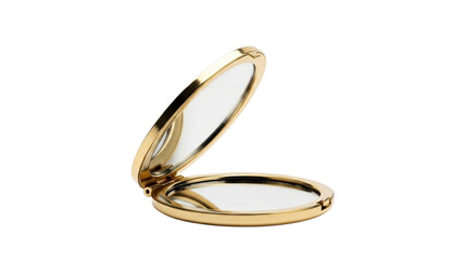 Elegant open golden compact pocket mirror reflecting light for cosmetic product presentations or womens fashion accessories