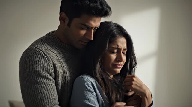 Man comforting a woman with an embrace showing care and support in a moment of need