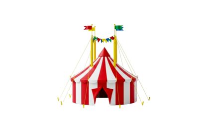 A festive miniature circus tent featuring vibrant red and white stripes with colorful flags and bunting on yellow poles, creating a joyful carnival atmosphere perfect for childrens parties