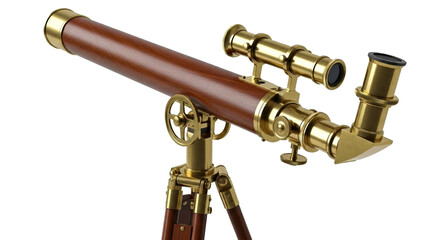 Beautifully crafted antique style telescope featuring gleaming brass accents and a rich wooden barrel set on a durable tripod, ideal for historical displays and astronomical themes.