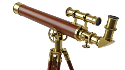 Beautifully crafted antique style telescope featuring gleaming brass accents and a rich wooden barrel set on a durable tripod, ideal for historical displays and astronomical themes.