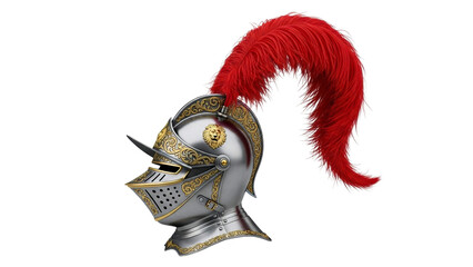 Ornate medieval knight helmet with a striking red feather plume symbolizes strength and honor, ideal for historical presentations and themed promotions