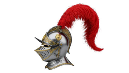 Ornate medieval knight helmet with a striking red feather plume symbolizes strength and honor, ideal for historical presentations and themed promotions