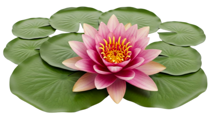 Vibrant pink water lily flower blooming among lush green lily pads, perfect for themes of nature, tranquility, and summer botanical projects