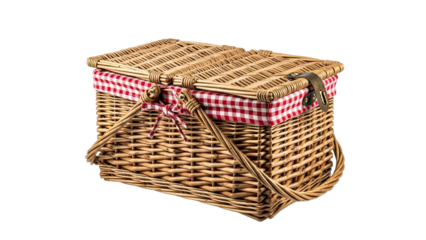 Traditional wicker picnic basket with red and white checkered lining and handles ready for outdoor meals, park outings, or summer holiday adventures
