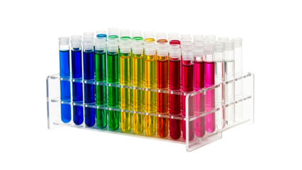 Colorful test tubes arranged in a spectrum of vibrant liquids within a laboratory rack, representing scientific research and experimentation for educational or medical projects