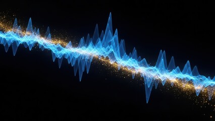 Abstract blue waveform oscillating with glowing gold particles against a dark background representing sound or data