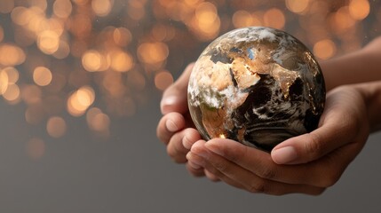 Glowing planet earth held in human hands against a dark background with bokeh lights showcasing global network and connectivity theme
