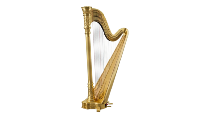 Luxurious gilded pedal harp showcasing musical elegance and ornate craftsmanship ideal for classical concert programs or highend entertainment advertisements.