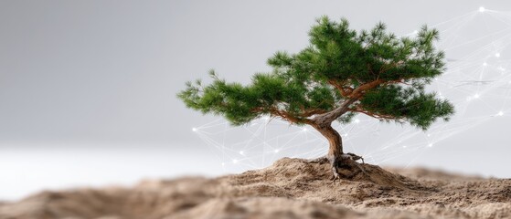 Small tree grows on soil with abstract network background showing connections to business and technology topics