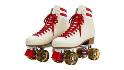 Classic cream colored roller skates with vibrant red laces and prominent red stripe accents designed for showcasing recreational sports and active lifestyle campaigns