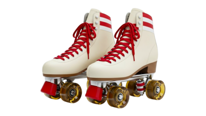 Classic cream colored roller skates with vibrant red laces and prominent red stripe accents designed for showcasing recreational sports and active lifestyle campaigns