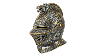 Experience the majestic appeal of a masterfully crafted knights helmet adorned with intricate silver and gold engravings, a grand symbol of medieval valor perfect for historical displays