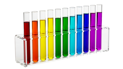 Colorful liquids in transparent laboratory test tubes arranged in a line showcasing a gradient of hues, ideal for scientific study, chemistry demonstrations, and educational resources.