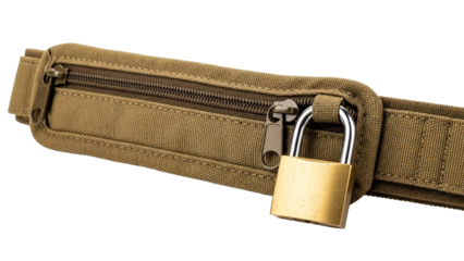 Secure olive green utility pouch with a closed zipper and a shiny brass padlock attached, symbolizing safekeeping and protection for valuables during travel or outdoor activities