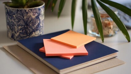 Two pink sticky notes stacked on a dark blue notebook, with a patterned plant pot and a glass jar in the background. Concept Desk setup, Pink sticky notes, Dark blue notebook, Patterned plant pot
