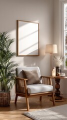 Fototapeta premium Cozy Minimalist Living Room with Blank Poster Mockup