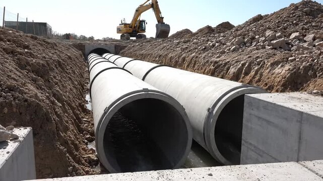 Concrete Pipes at Construction Site - This video shows large concrete pipes being laid in a trench at a construction site.